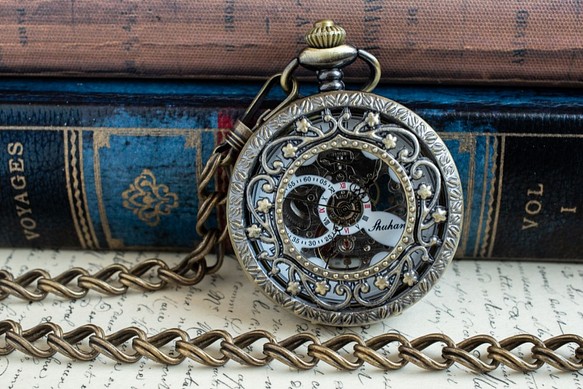 機械式手巻懐中時計 透かし星模様202 アンティークゴールド オリジナル懐中時計チェーン付属 1枚目の画像