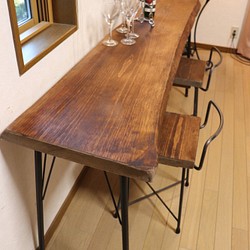 ｗ1620　一枚板ヒノキ　カウンターテーブル　 カフェ ダイニングテーブル　在宅勤務　テレワーク　アンティーク風 1枚目の画像