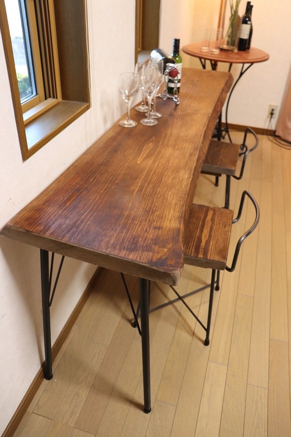 ｗ1620　一枚板ヒノキ　カウンターテーブル　 カフェ ダイニングテーブル　在宅勤務　テレワーク　アンティーク風 1枚目の画像
