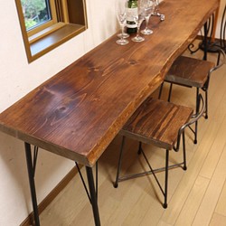 ｗ1715　一枚板ヒノキ　カウンターテーブル　 カフェ ダイニングテーブル　在宅勤務　テレワーク　アンティーク風 1枚目の画像
