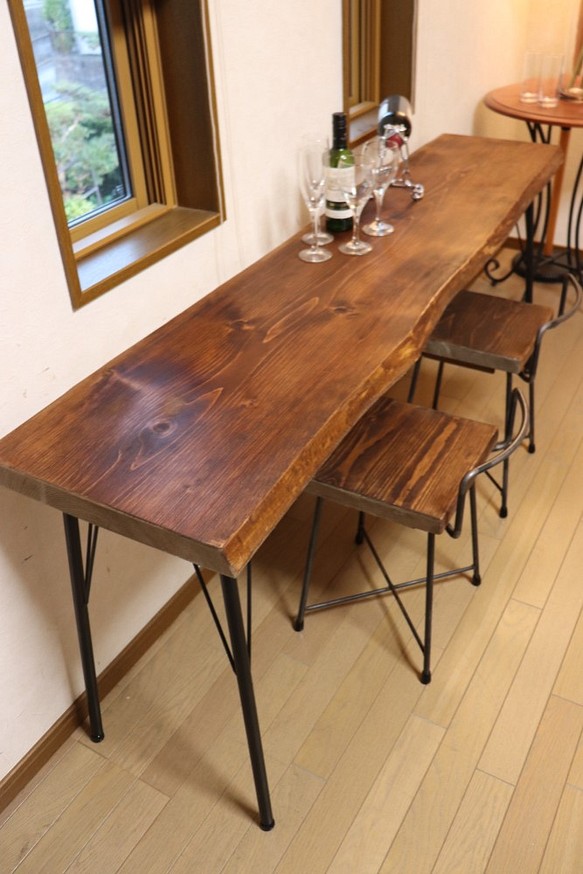ｗ1715　一枚板ヒノキ　カウンターテーブル　 カフェ ダイニングテーブル　在宅勤務　テレワーク　アンティーク風 1枚目の画像