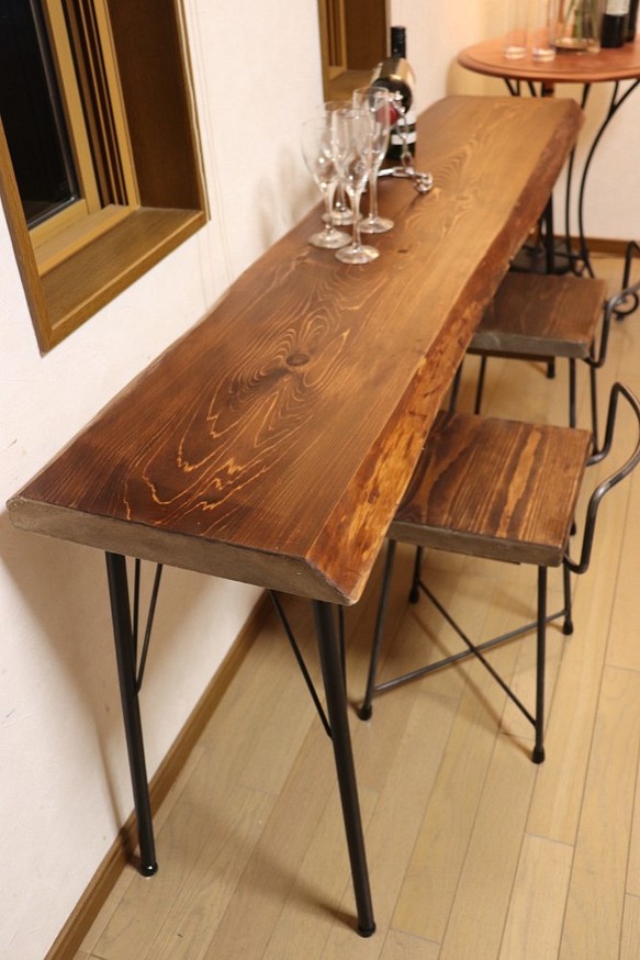 ｗ1670　一枚板ヒノキ　カウンターテーブル　 カフェ ダイニングテーブル　在宅勤務　テレワーク　アンティーク風 1枚目の画像