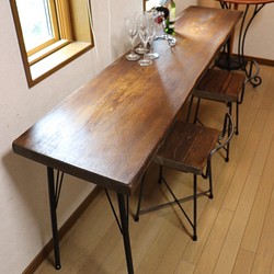 w1730　一枚板ヒノキ　カフェ カウンターテーブル　ダイニングテーブル　在宅デスク　テレワーク　アンティーク風 1枚目の画像