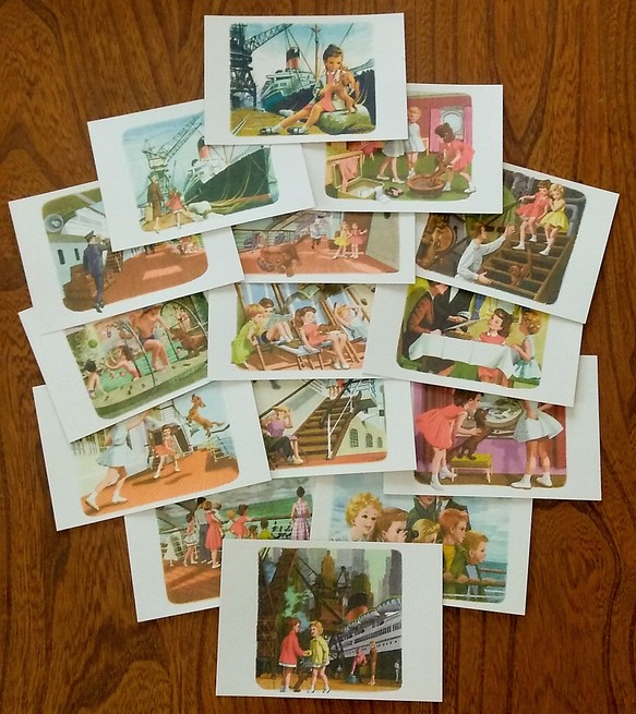 ビンテージ風女の子と犬船の旅ポストカード15枚セット