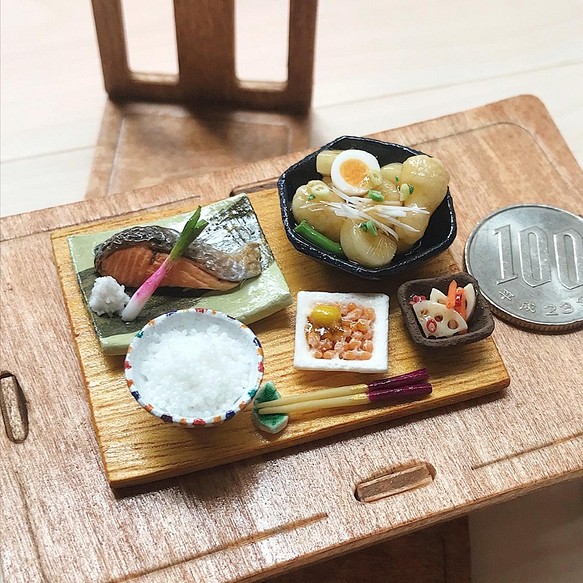 訳あり特価】リアルな鮭の塩焼きと納豆定食【ミニチュアフード