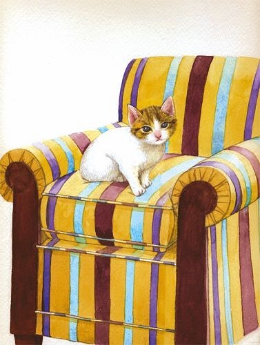 黄色い椅子　（猫のいる絵　透明水彩　原画） 1枚目の画像