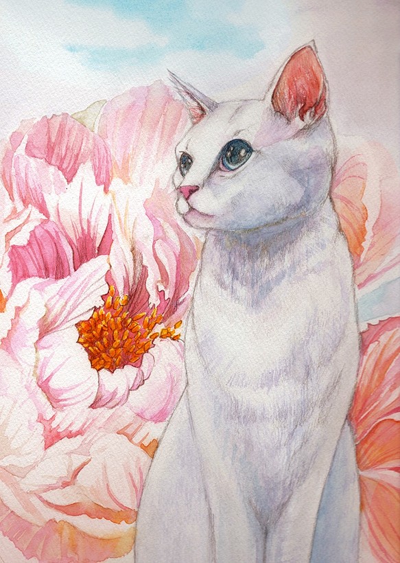 ピオニー　（猫のいる絵　透明水彩　原画） 1枚目の画像