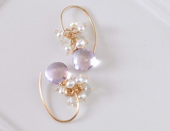 粉紅色紫水晶+珍珠耳環 第1張的照片