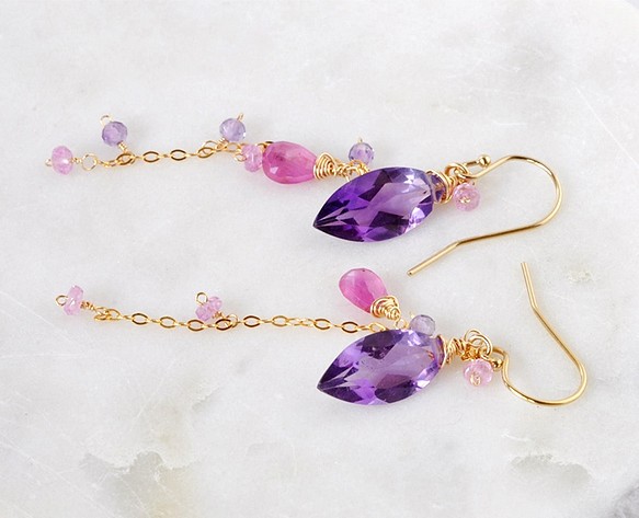 紫色秋季紫水晶+粉色藍寶石耳環 第1張的照片