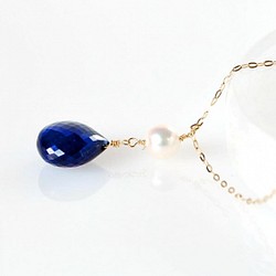 極上品　大粒[K10YG]ブルーサファイア　アコヤ真珠・ネックレス 1枚目の画像