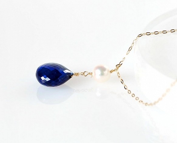 極上品　大粒[K10YG]ブルーサファイア　アコヤ真珠・ネックレス 1枚目の画像