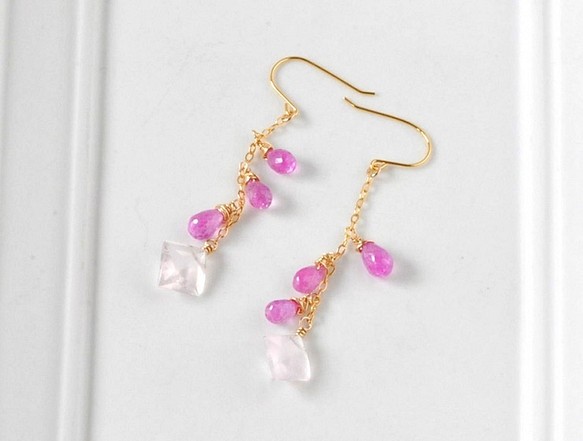 櫻桃色玫瑰石英x粉紅藍寶石耳環 第1張的照片