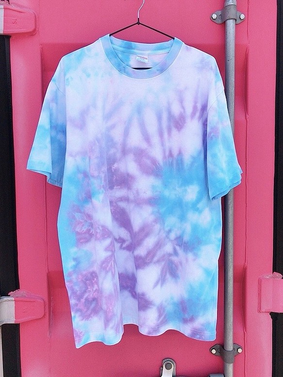 ジューシーカラー☆タイダイ染めTシャツ　XL　綿100%　氷染め　水色×紫