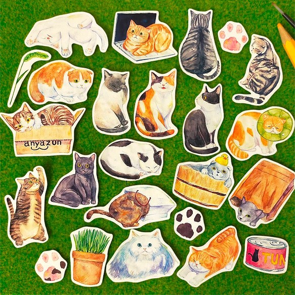 【48枚セット】猫がいっぱいのフレークシール 全24種類 ミニサイズ