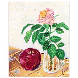 油彩画「リンゴとバラ」誕生日  結婚祝い 結婚式 ディスプレイ クリスマスプレゼント カフェインテリア　インテリア雑貨　 1枚目の画像