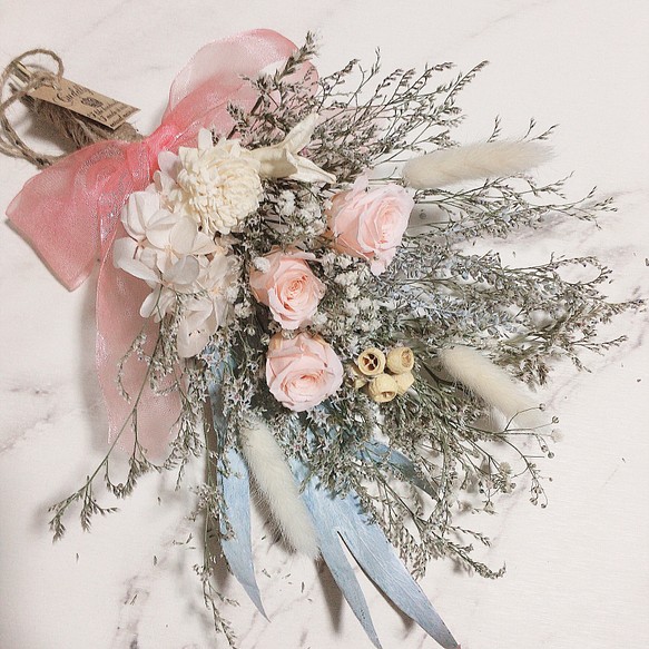 【限定1点】プリザーブドROSE×ダリア WHITE PINK スワッグ ブーケ フラワー・リース Ange'fleur ～天使の花屋～ 通販