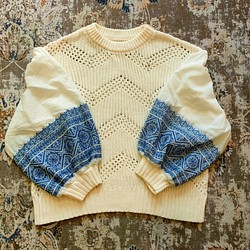 ⚡️リメイク⚡️刺繍袖ホワイトニットセーター 1枚目の画像