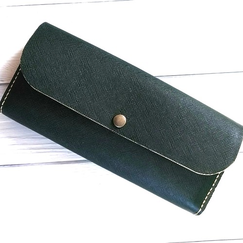 送料無料】深緑の二つ折り長財布 かぶせ ロングウォレット 革財布 