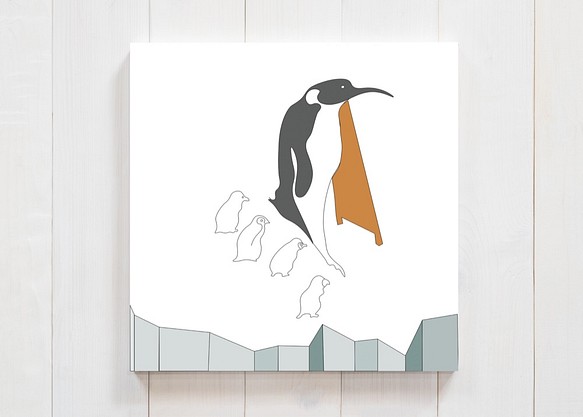 ペンギン立て看板に興味津々　正方形キャンバスプリント・ファブリックパネル 1枚目の画像