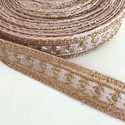 【50cm】インド刺繍リボン ピンクxゴールド　オーガンジー 1枚目の画像