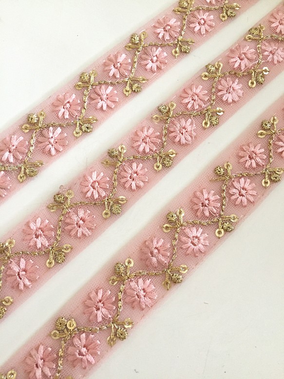 【50cm】インド刺繍リボン　ネット　ピンク 1枚目の画像