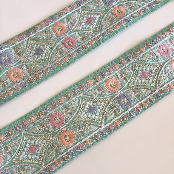 【50cm】インド刺繍リボン  グリーン　パステルシルク　SS34 1枚目の画像