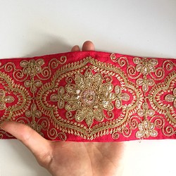 【50cm】インド刺繍リボン　レッドxゴールド　シルク　SS140 1枚目の画像