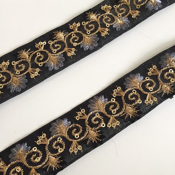 【50cm】インド刺繍リボン　ブラック　オーガンジー　GO237 1枚目の画像