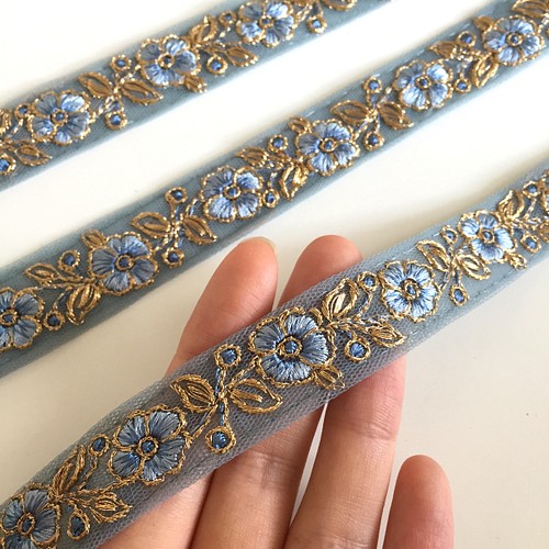 50cm】インド刺繍リボン くすみブルー チュール HN258 リボン・テープ 