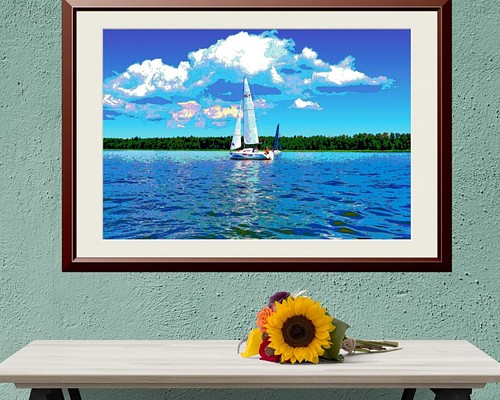 【アートポスター】静かな湖の白いヨット（作品No.208） 写真 