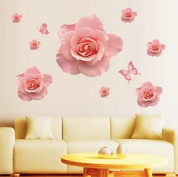 ウォールステッカー S335 ピンク　花　蝶　ナチュラル　DIY 壁紙　インテリアシート　剥がせるシール 模様替え 1枚目の画像