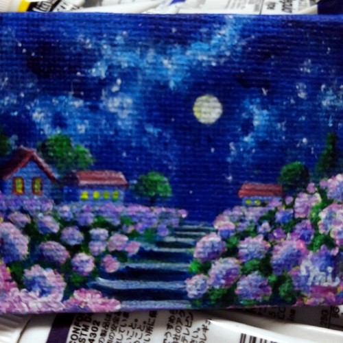 紫陽花の村』ミニキャンバス原画 額入り 絵画 かみやみか「月夜と植物