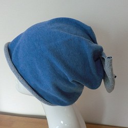 《受注販売》おしゃれな肌にやさし綿い帽子　杢糸　ブルー後ろリボン 1枚目の画像