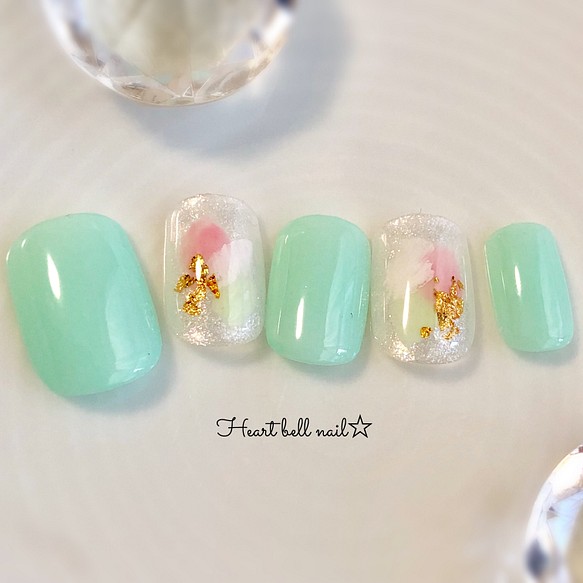 爽やか塗りかけネイル 春夏ネイル ミントグリーン 和装 ネイルチップ ネイルシール Heart Bell Nail 通販 Creema クリーマ ハンドメイド 手作り クラフト作品の販売サイト