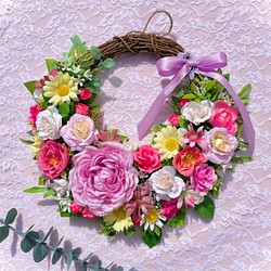 ＊Flower wreathe♡モーヴピンクのラナンキュラスと薔薇リース♡アーティフィシャルフラワー♡25㎝×30㎝＊ 1枚目の画像