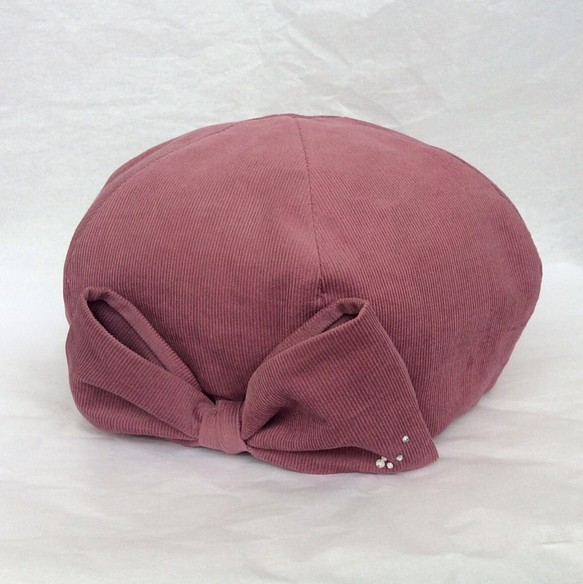 【送料無料】コーデュロイベレー帽 可愛いリボン付き  キッズ用渋むらさき 1枚目の画像
