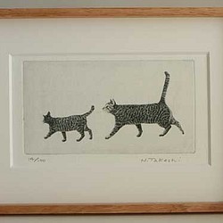 お散歩・二匹の猫/ 銅版画 (額あり） 1枚目の画像