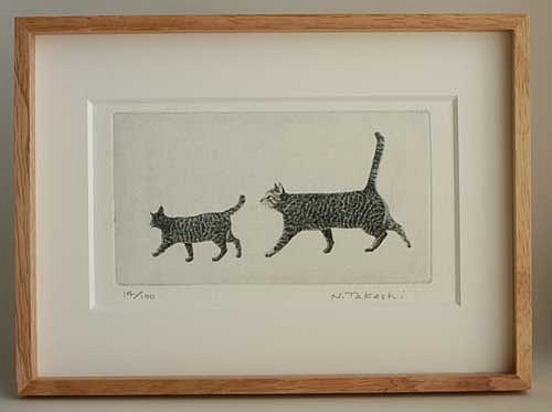 お散歩・二匹の猫/ 銅版画 (額あり） 1枚目の画像