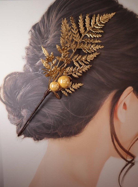 金のリーフ　ゴールデンパールセット　髪飾り 1枚目の画像
