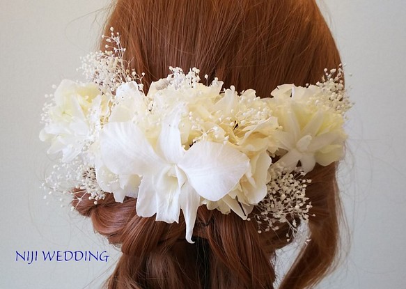 純白の花嫁♡蘭とジャスミンのホワイトヘットドレス　髪飾り　プリザーブドフラワー　ウェディング　 1枚目の画像