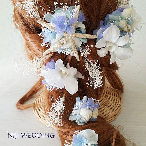 スターフィッシュ ヘッドドレス 花 髪飾り 結婚式 蘭 ブルー ホワイト 
