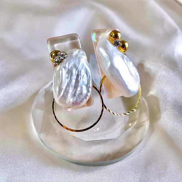 glass rectangle keshi Pearl jewelry Earrings 1枚目の画像