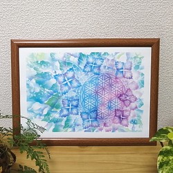 パステル画 『雨上がりの紫陽花』エナジーカードからフラワーオブライフを使ったお部屋を彩るパステルアートポスターです 1枚目の画像
