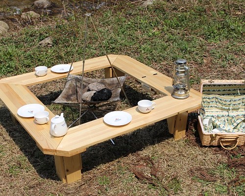木製 折り畳み囲炉裏テーブル 焚き火 キャンプ アウトドア ロー 