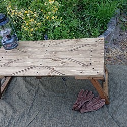 折りたたみローテーブル　ワンポイント模様あり アイアンバー付き 1枚目の画像