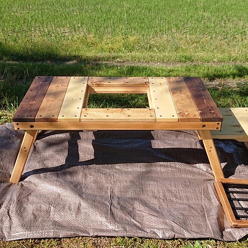 木製 折りたたみローテーブル 七輪 ビルトイン グリル サイドテーブル 