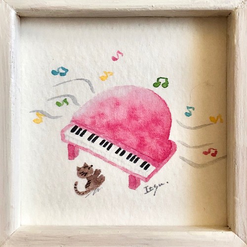 ピンクのピアノ 正方形 水彩画イラスト ミニ額 楽器 猫 ネコ プチギフト イラスト Marron125 通販 Creema クリーマ ハンドメイド 手作り クラフト作品の販売サイト