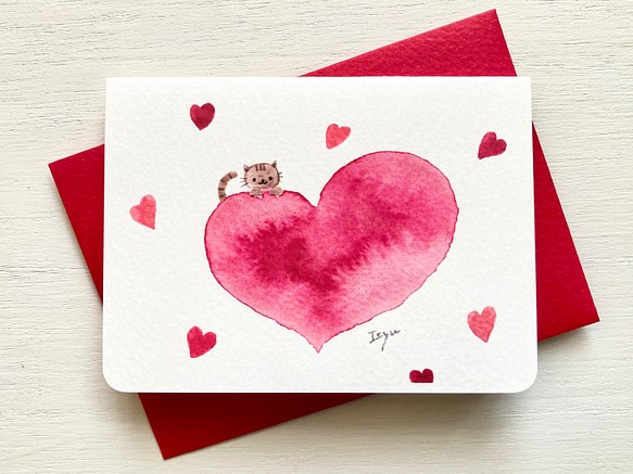 買取 2枚セット 猫ちゃんの大きな愛 水彩画イラストミニカード ネコ バースデーカード ねこ バレンタインカード バレンタイン
