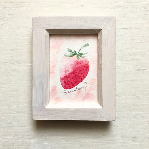 strawberry」水彩画イラスト ミニ額 プチギフト いちご イチゴ 