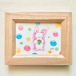 「花束どうぞ」水彩画イラスト　ミニ額　うさぎ　ウサギ　プチギフト　パステル 1枚目の画像